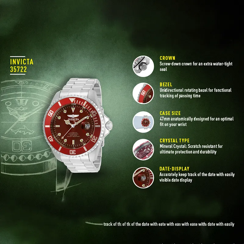 Invicta Pro Diver Red Dial Automatic Trendy Men's Watch- 35722